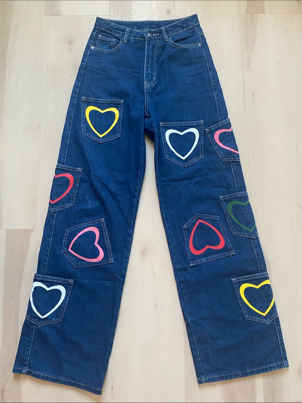 SHEIN ✨ Dark Wash Heart Patch Pocket Wide-Leg Jeans size XS